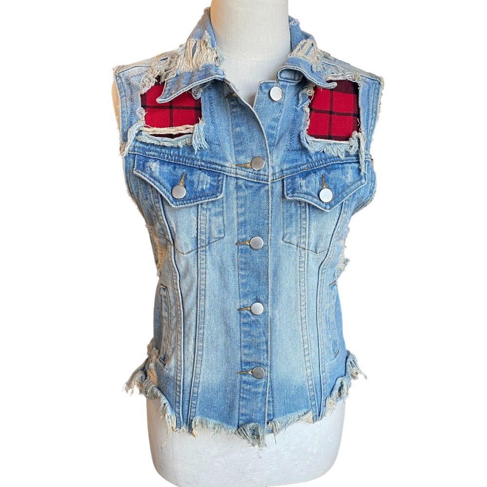 Unif Distressed Denim Vest Red Plaid Patches Shredded Festival Grunge Y2K 90s-S